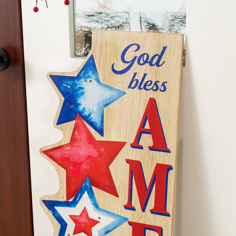 Glitzhome 42"H Lighted Patriotic/ Americana Wooden Stacked Stars Porch Sign with Timer