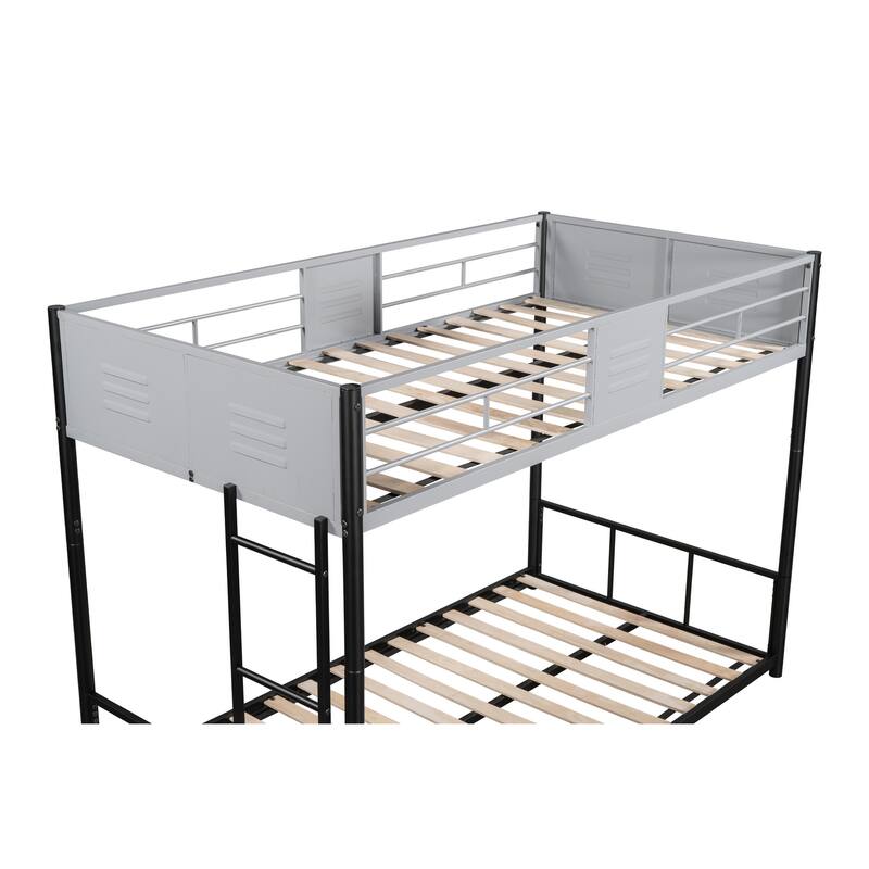 Durable Twin Over Twin Metal Bunk Bed with Vent Board Guardrails, Noise-Free Wood Slats, and Safety Ladder
