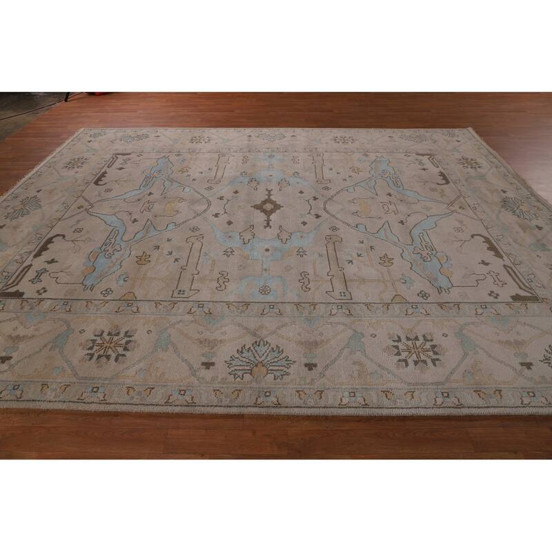 All-Over Beige Oushak Indian Area Rug Hand-Knotted Wool Carpet - 9'2" x 11'8"
