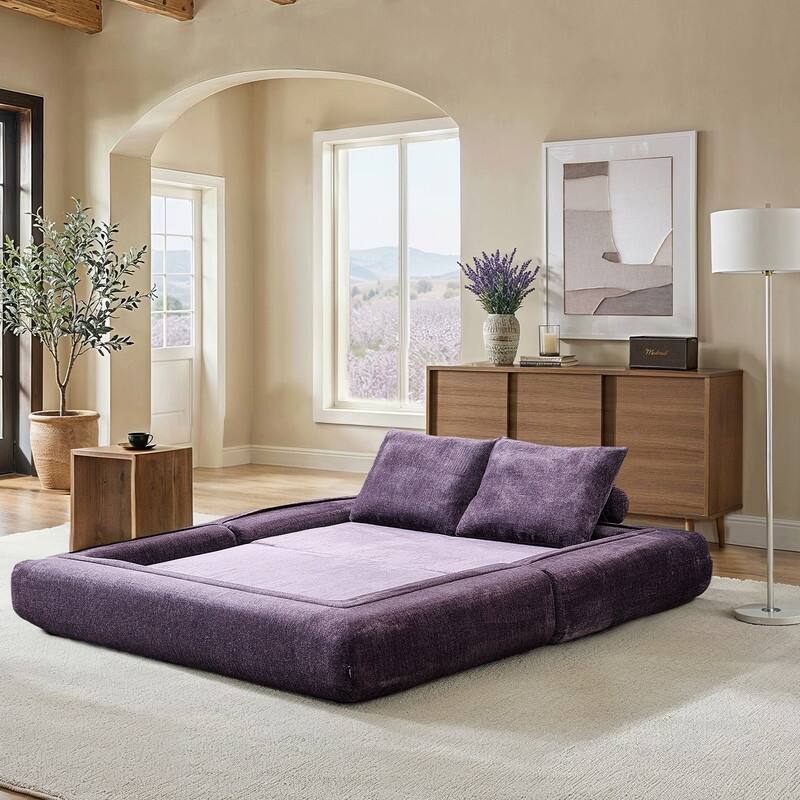 Modern Chenille Convertible Sofa Bed Queen Size Split Back Design