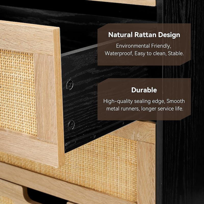 Rattan 6 Drawers Dresser, Double Dresser for Bedroom