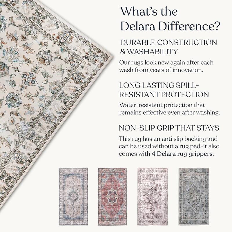 Delara Machine Washable Area Rug, Soft & Durable, Non-Slip Backing, Eco- Friendly GRS certified.