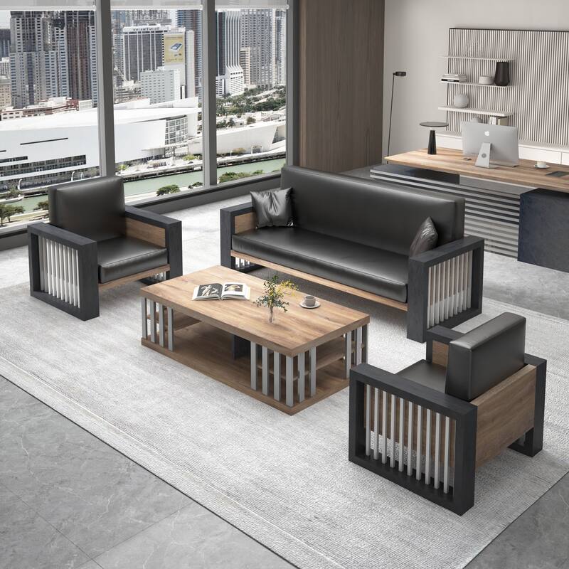 WESOME 3 Piece FU Leather Sofa Set with Coffee Table - 3-Set Sofa & 2 Single Sofa