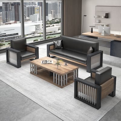 WESOME 3 Piece FU Leather Sofa Set with Coffee Table - 3-Set Sofa & 2 Single Sofa