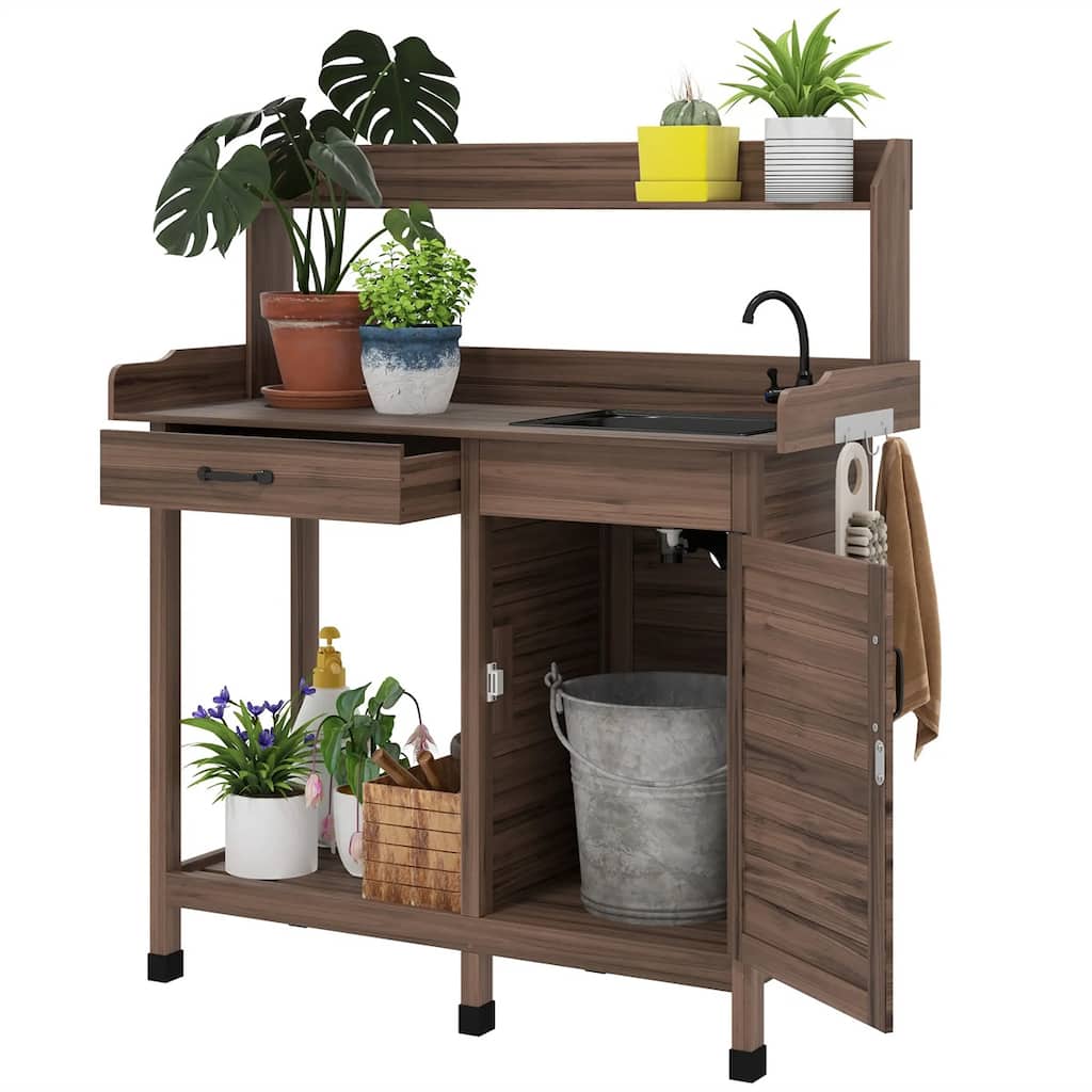 Outdoor Wooden Potting Bench with Sink and Storage Cabinet Drawer and Shelves for Gardening - 44.5" L x 18.7" W x 50.2" H