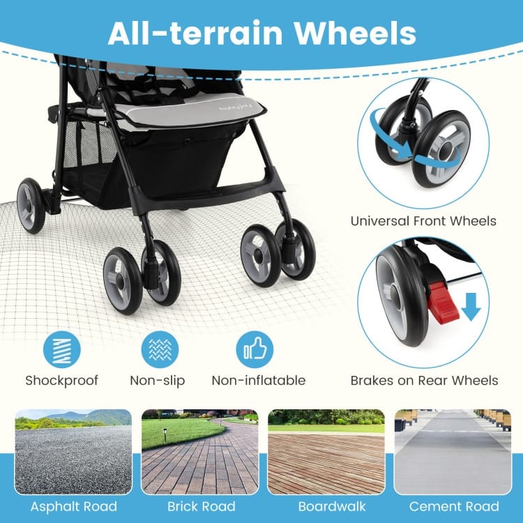 Steel Kids Stroller with Recline, Canopy and All-Terrain Wheels - 35"(L) x 18"(W) x 39"(H)
