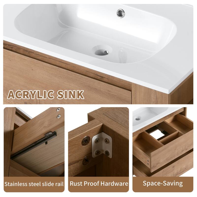 30" Wall-Mounted Bathroom Vanity with Gel Basin, Soft-Close 2/3 Extended Drawers, Adjustable Side Rack