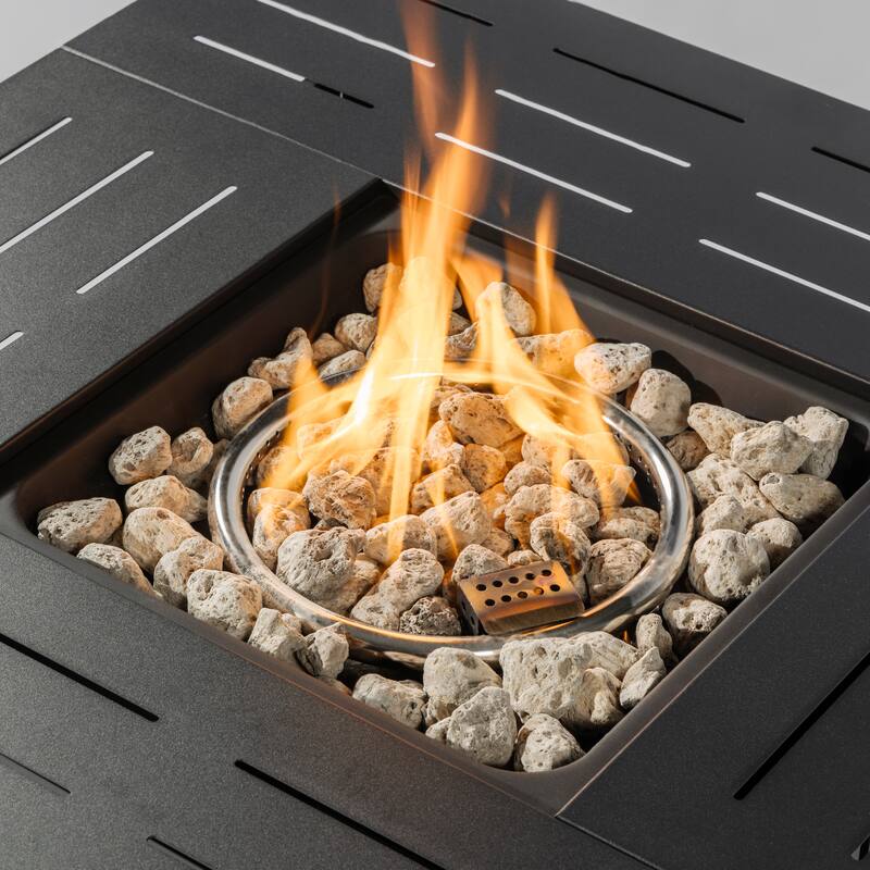 GDFStudio - Niles Black Steel 34-Inch Outdoor Propane Fire Pit Table with Adjustable Flame and Lava Rocks