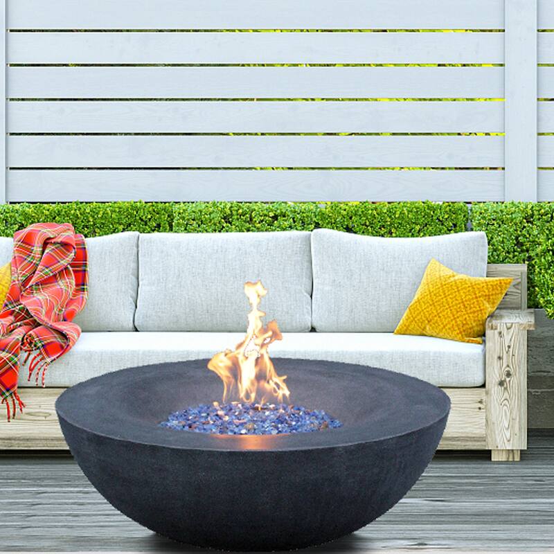 42 Inch Outdoor Concrete Propane Gas Fire Pit Bowl in Antique White Color - Black