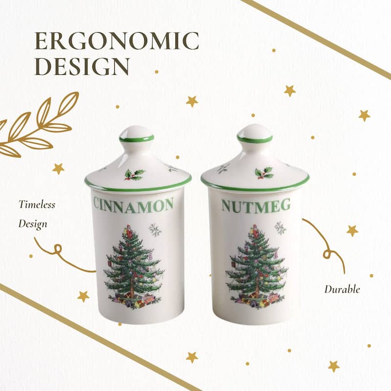 Spode Set of 2 Christmas Tree Spice Jars - 2" D x 4.5" H