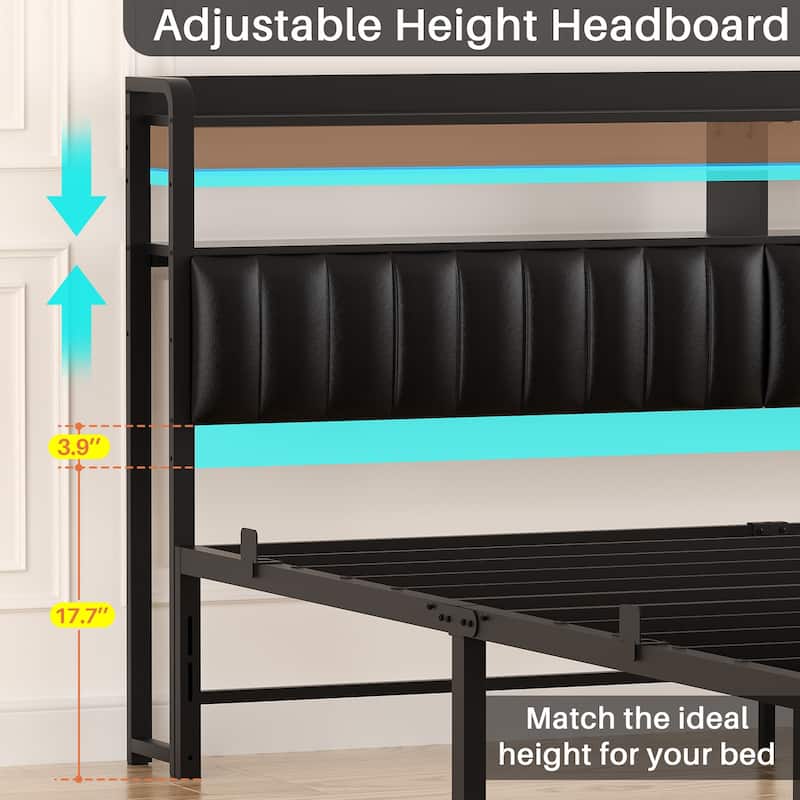 Platform Bed Frame with Upholstered Storage Headboard, Full/ Queen/ King Beds with Charge Station and LED Lights