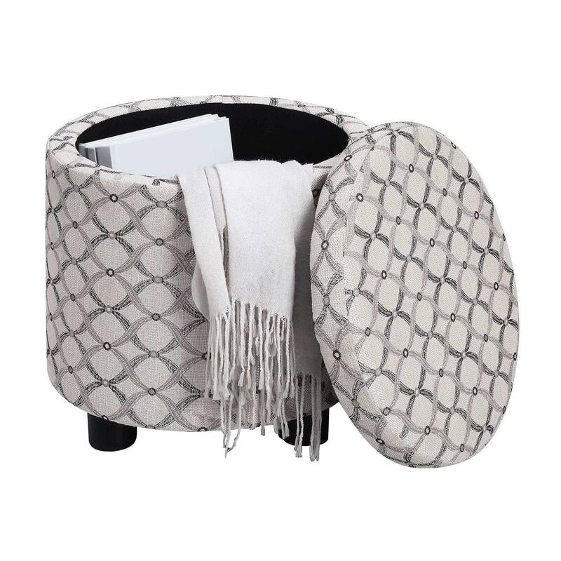 Round Accent Storage Ottoman with Reversible Tray Lid for Decorative Living Room Seating and Space Saving Storage