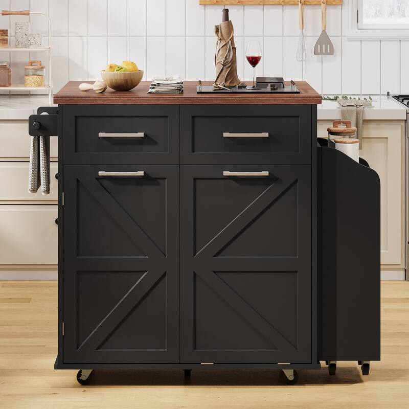 47.2'' Farmhouse Kitchen Island with Drop Leaf, Removable Side Racks, Towel Rack and 2 Drawers - 47.2'' x 27.2'' x 39.2'' - Black