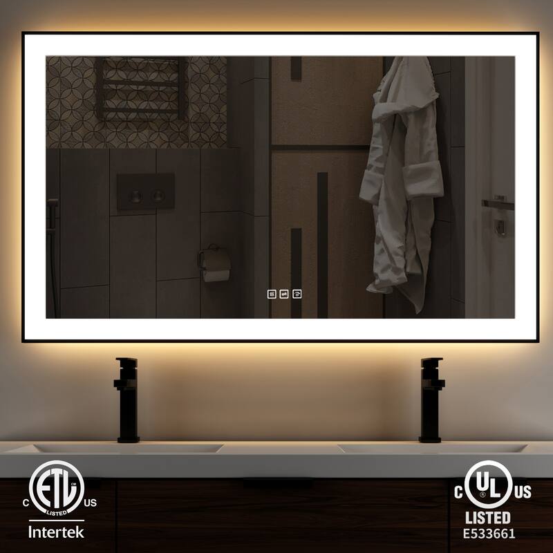 TOOLKISS Black Frame Anti-Fog Dimmable LED Light Vanity Bathroom Mirror with Backlit and Front Light - 60 in. W x 28 in. H - Right Angle Frame