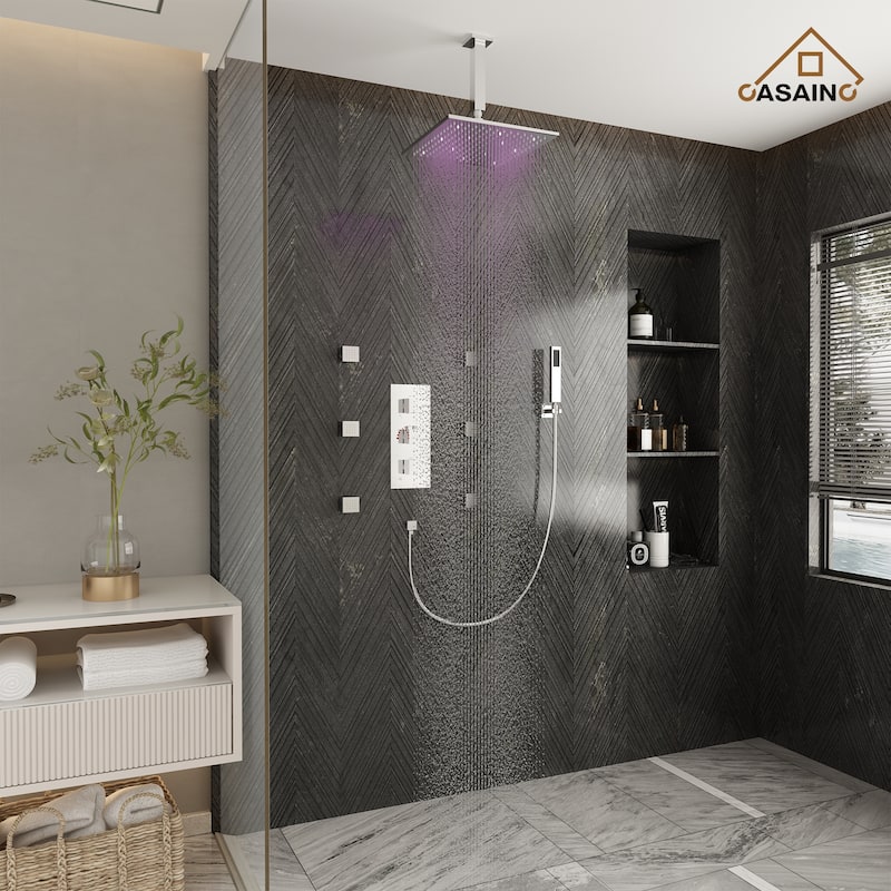 Celling 12 inch LED 3 Function Thermostatic Shower System with 6 Body Jets