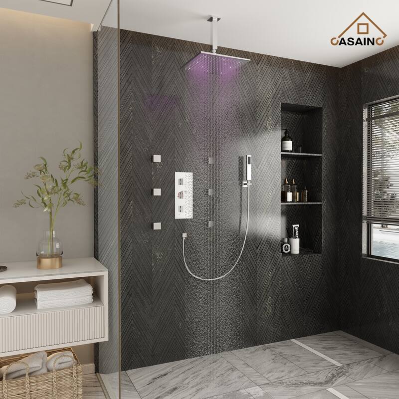 Celling 12 inch LED 3 Function Thermostatic Shower System with 6 Body Jets