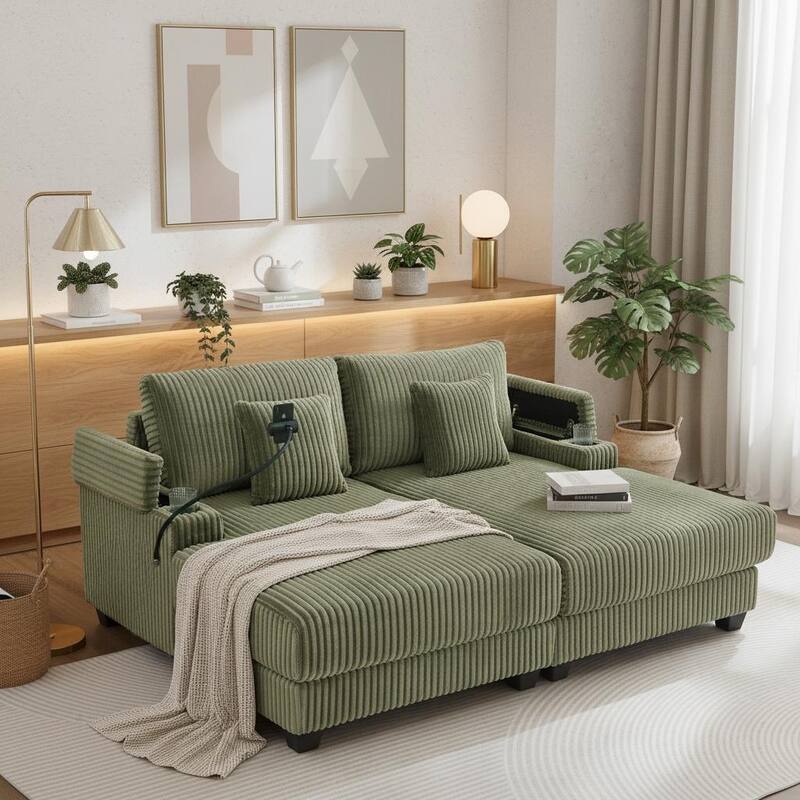 Modern Corduroy Chaise Lounge Sofa by Harper&Bright Designs. - Green.