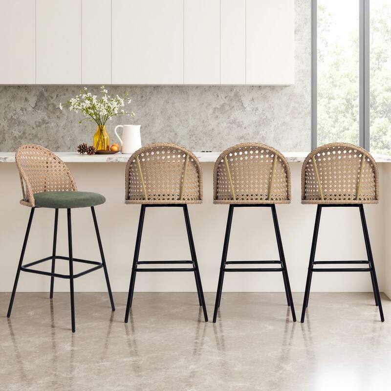 Coastal Rattan Back Counter Height Upholstered Bar Stools
