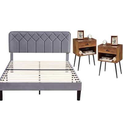 VECELO 3-Pieces Upholstered Platform Bed Frame with Adjustable Headboard and Nightstands Set of 2, Grey