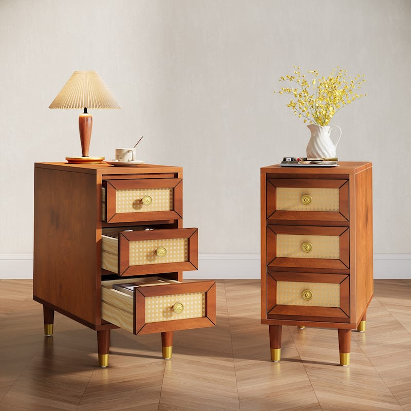 Solid Wood End Table with 3 Drawers, Narrow Sofa Side Table