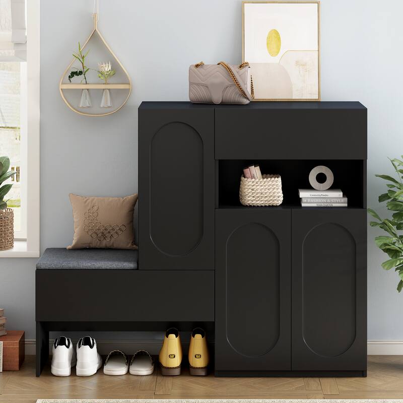 Elegant 2-in-1 Shoe Cabinets with Soft Cushion, Modern Storage Bench with Arched Doors