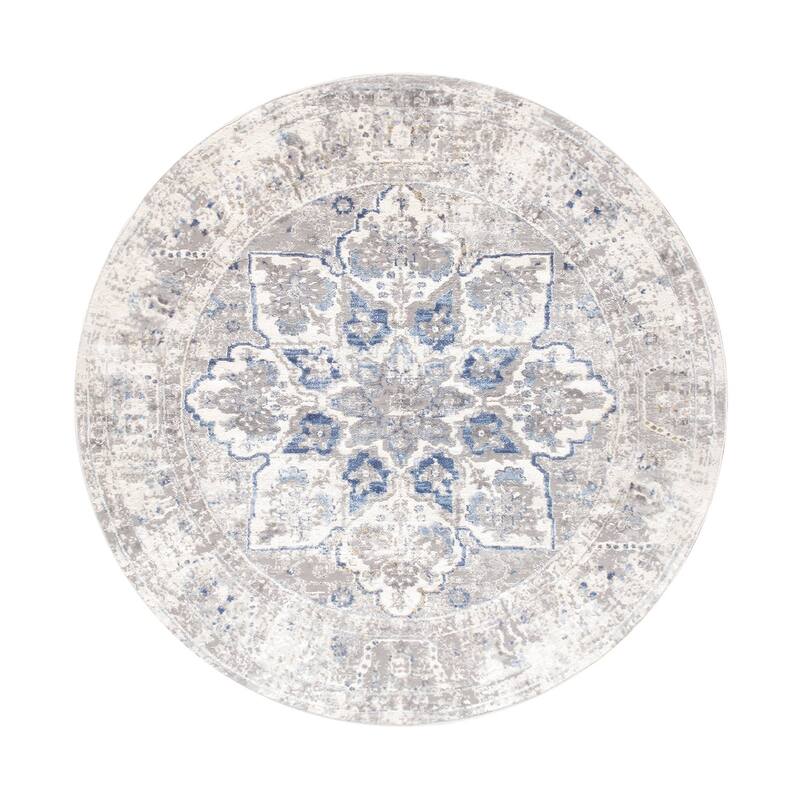 Pasargad Home Turkish Efes Design L. Grey Floral Area Rug - 6' Round - Light Grey