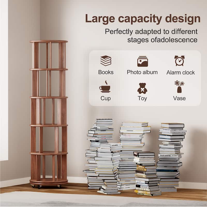 100%Solid Wood Rotating Bookshelf on Wheels,5 Tier, Round Revolving Bookcase, 360°Spinning Book Shelf Tower, Narrow Bookshelves