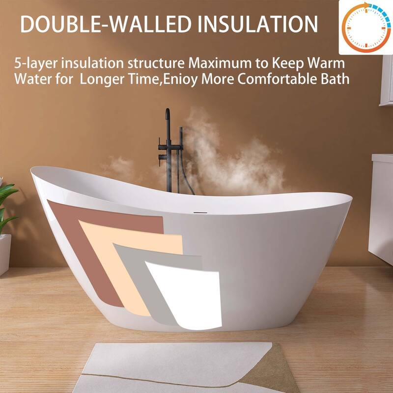 65 in. x 30 in. Acrylic Free Standing Soaking Bathtub with Center Drain in Glossy White