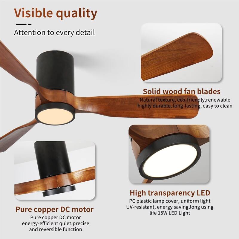 42" LED Flush Mount Ceiling Fan with Wood Blades, 6-Speed DC Remote Control
