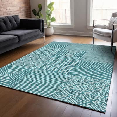 Machine Washable Indoor/ Outdoor Modern Mosaic Chantille Rug
