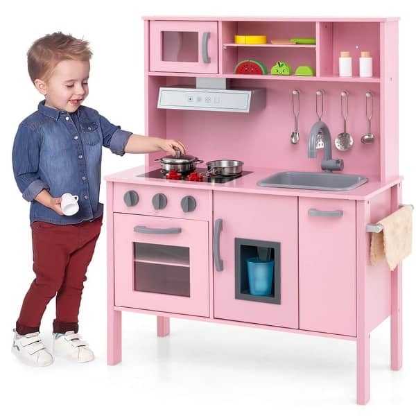 slide 2 of 39, Costway Kids Kitchen Playset Wooden Pretend Play Chef Toy with - See Details Pink