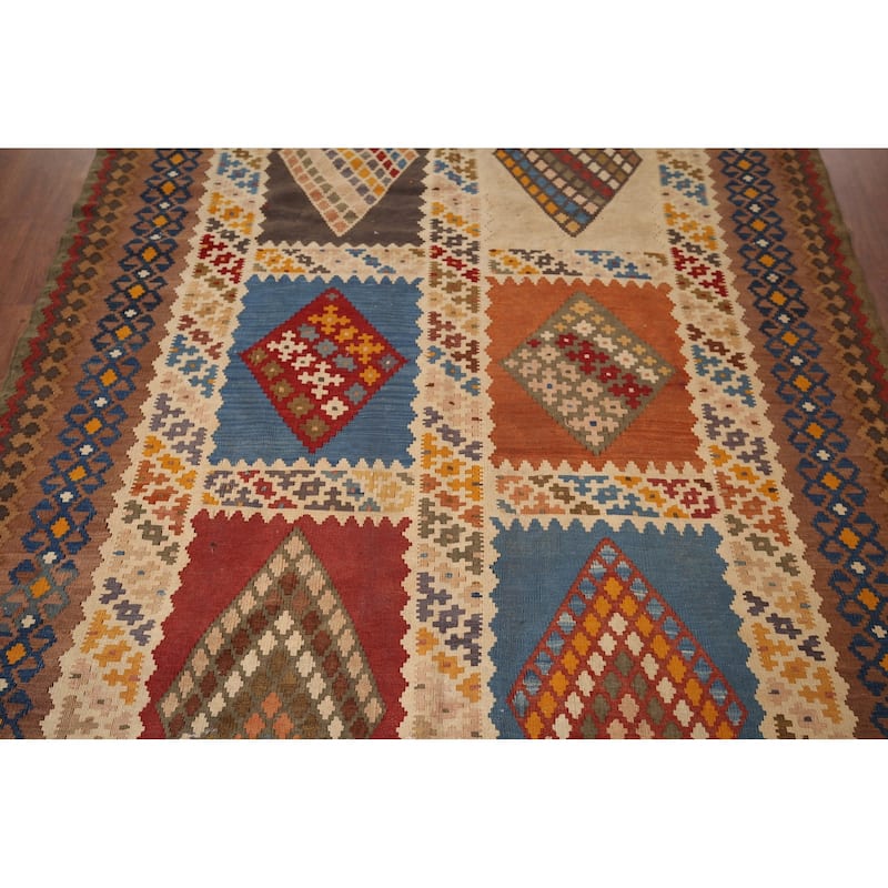 Kilim Qashqai Persian Vintage Rug Hand-Woven Beige Wool Carpet - 5'5"x 8'3"