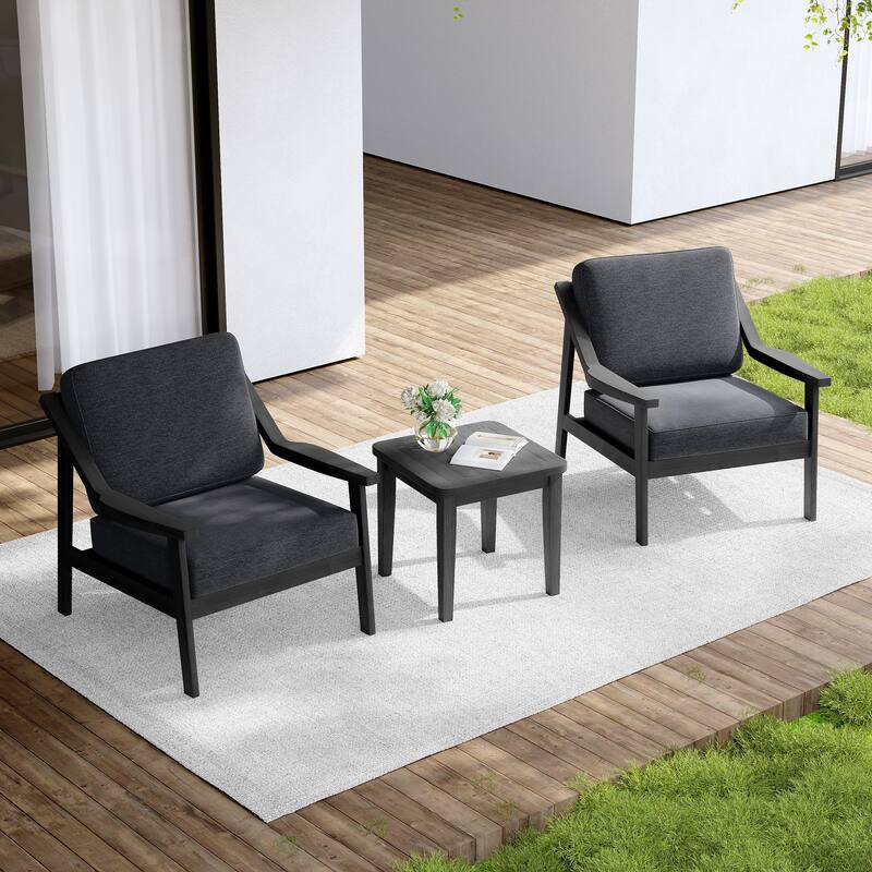Outdoor Wood Cushioned Patio Set of 2 Accent Chair with Side Table