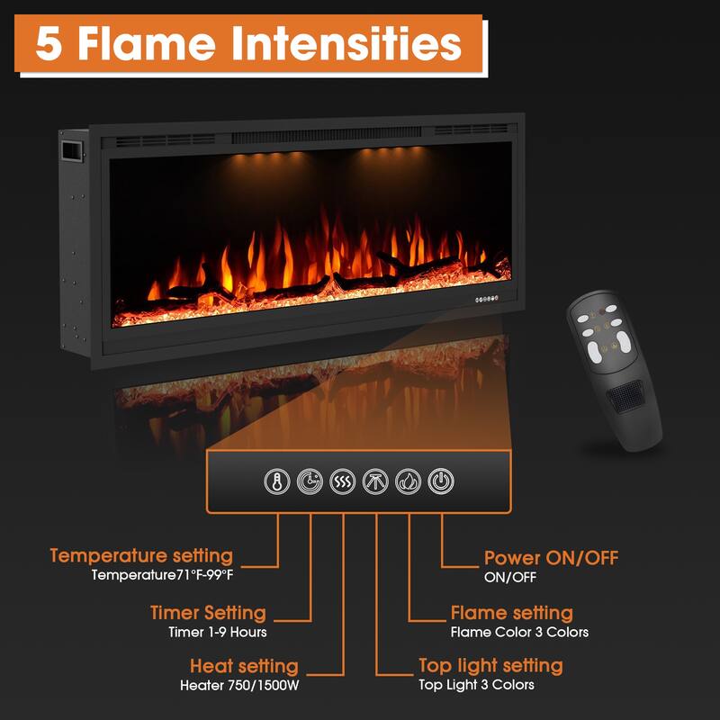 44" 1500W Modern Inserted Wall Mounted Smart Electric Fireplace Heater with APP Control and Remote - 44" L x 6.3" W x 17.72" H