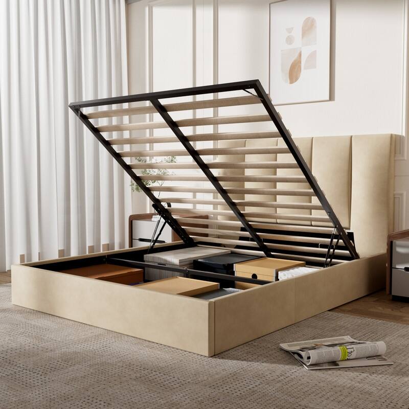 Modern Upholstered Lift-Up Storage Platform Bed with Headboard