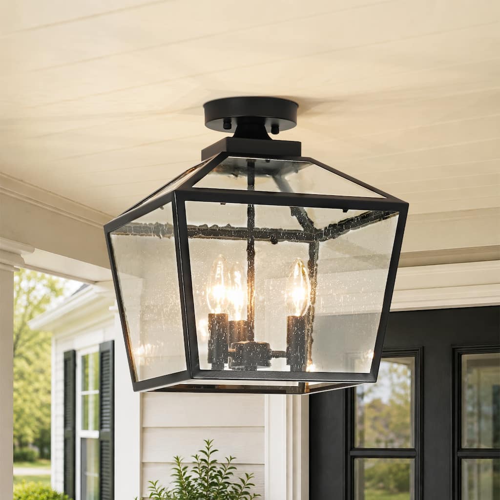 Rennnsan 3-Light Outdoor Flush Mount Lantern Ceiling Light for Porch & Entryway, Weather Resistant IP23 - 12 in. W x 14.2 in.H