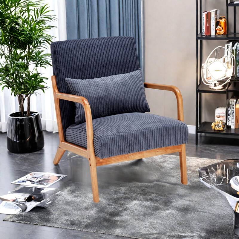 Polyester Mid-Century Modern Accent Chair with Solid Rubberwood Frame, Ergonomic Design, and Removable Pillow - Antique Dark Grey