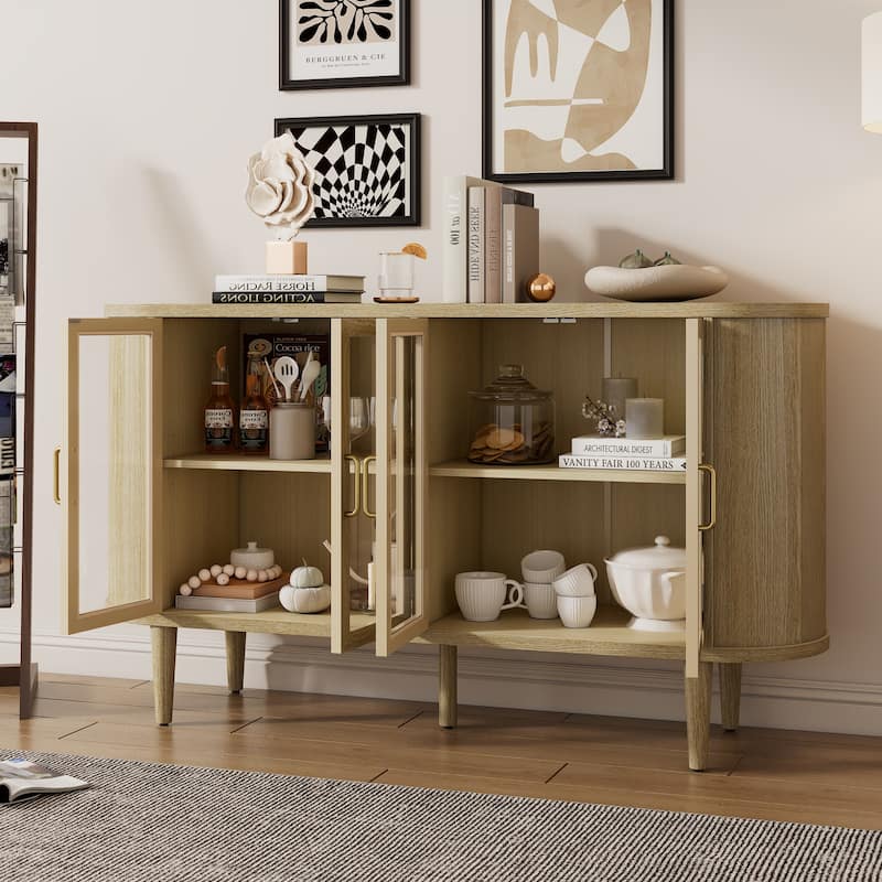 Wood Buffet Cabinet with Glass Doors and Adjustable Shelves