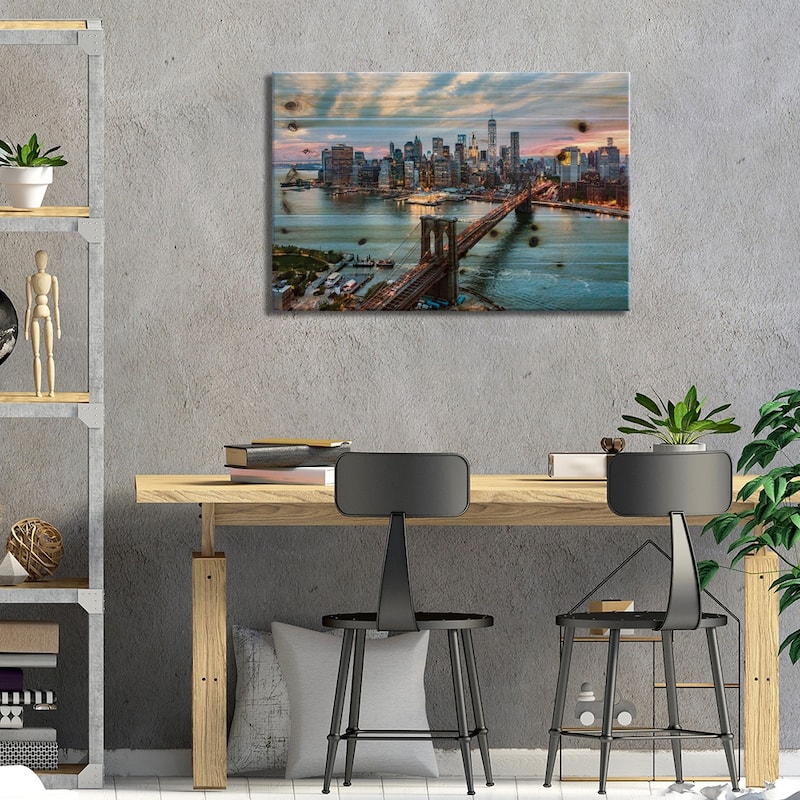 Brooklyn Bridge And Lower Manhattan Skyline, New York City, New York, USA Print On Wood by Matteo Colombo - Multi-Color