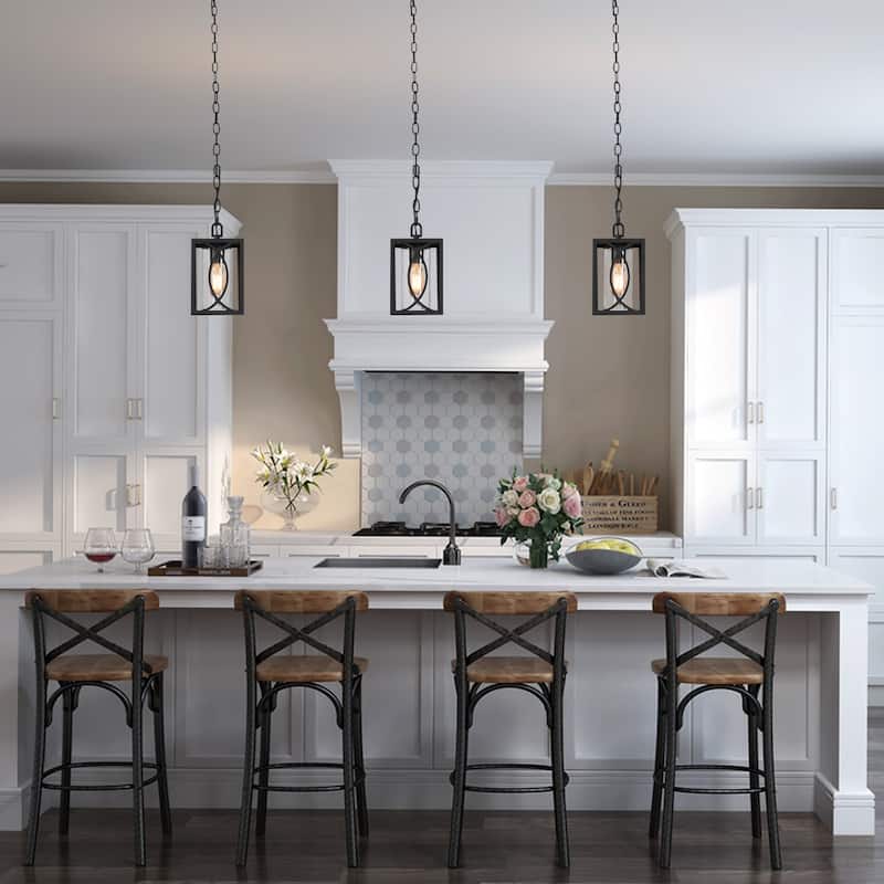 Farmhouse 1-light Black Mini Lantern Pendant Lights Geometric Dimmable Dining Room Lighting