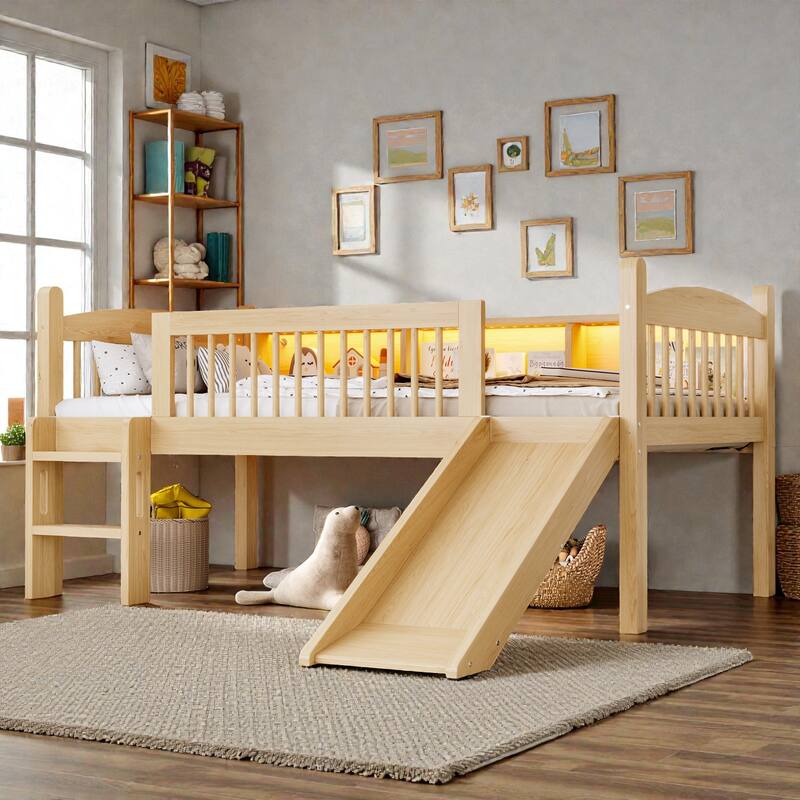 Twin XL/Twin Wood Loft Bed with Storage Shelves, LED Lights, Full-Length Guardrails & Solid Wood Frame, No Box Spring Needed