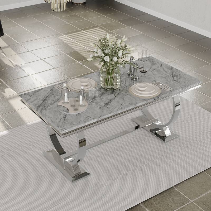 Glam Silver Dining Table Set with 64 inch Dining Table and Black Button Tufted Velvet Dining Chairs