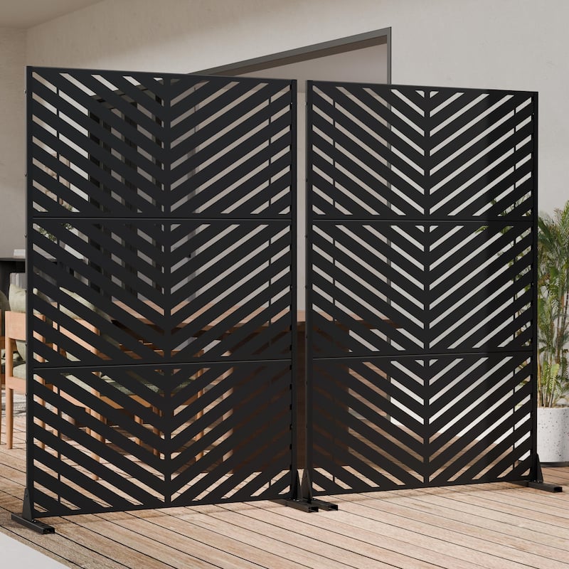 Outdoor Privacy Screen 2-Panel Chevron Metal Privacy Fence with Wind-Resistant Base Durable Decorative Divider - 72"H x 94"W - Black