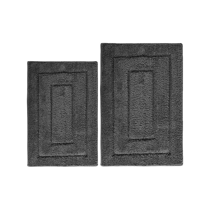 Charcoal 2 Piece Bordered Box Plush Soft Cozy 100% Polyester Bath Mat Set