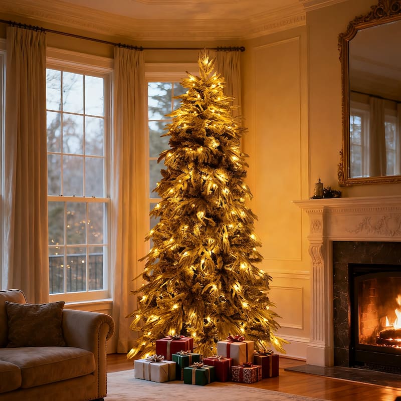 Slim Flocked Pre-lit Christmas Trees with PE&PVC Tips & Warm White LED Lights