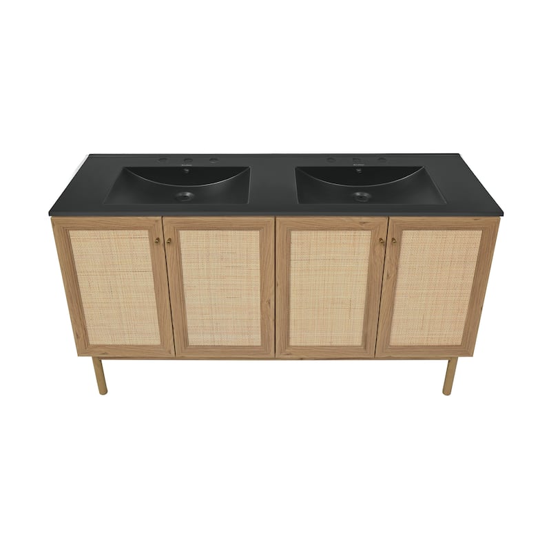 Classe 60 In. Brown Oak, Double Basin Bathroom Vanity With Black, 3-Hole Artificial Stone Sink Top