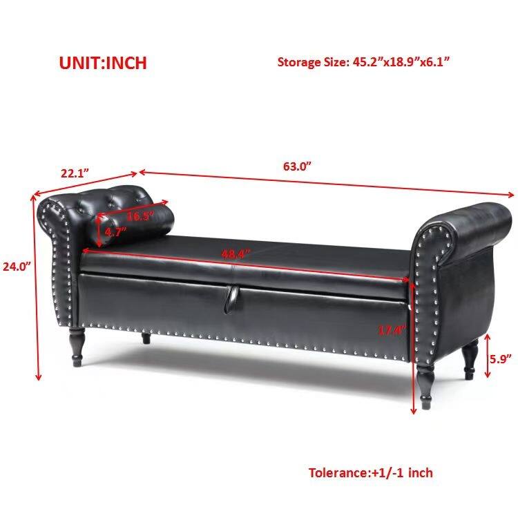 63" PU Upholstered End of Bed Bench Flip Top Entryway Ottoman with Safety Hinge Storage Rectangular Sofa Stool Buttons - Black