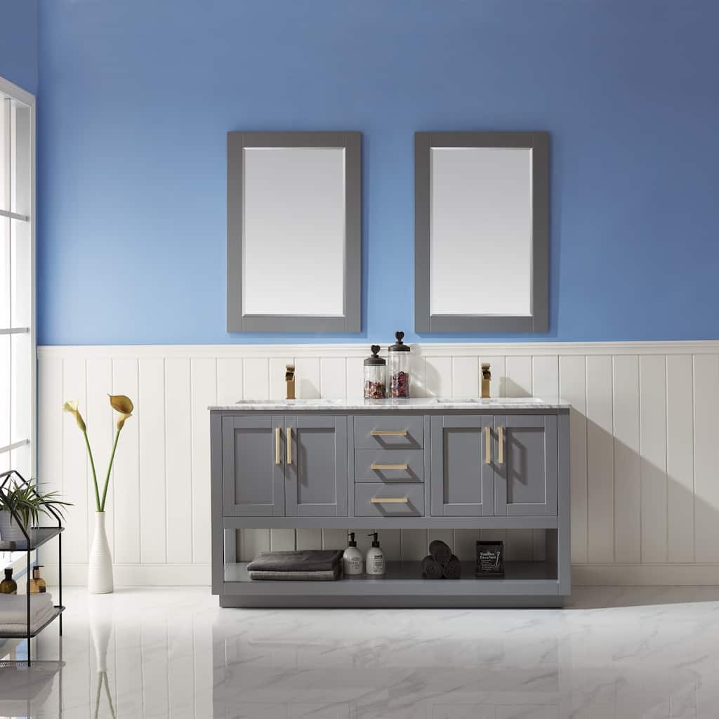 Altair Remi Double Bathroom Vanity Set and Carrara White Countertop with Mirror