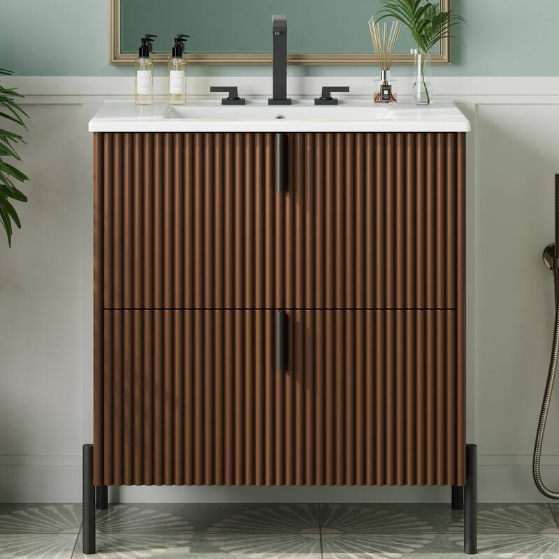 Modern Bathroom Vertical Stripe Vanity with Soft Close Split Drawers - Brown