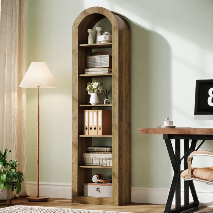 6-Tier Wooden Tall Bookshelf, 74.8 Inches Rustic Arched Bookcase - 1PC